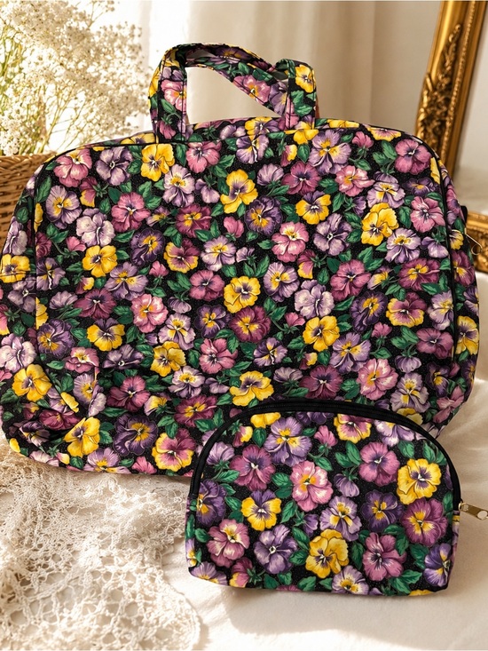 Ted Lapidus Handbags - Vintage Pansy Floral Travel Garment Bag & Makeup Case Ted Lapidus Paris